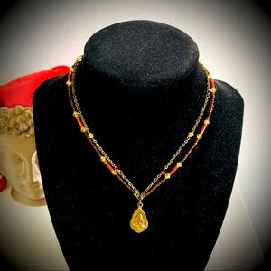 Double Stranded Brass Choker Necklace w. Mixed Beads & Buddha Amulet/Pendant